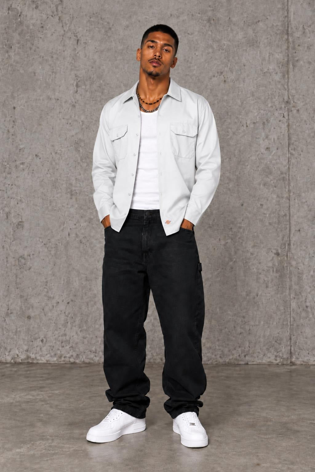AI model photo - Dickies Men's Long Sleeve Work Shirt White 574WH