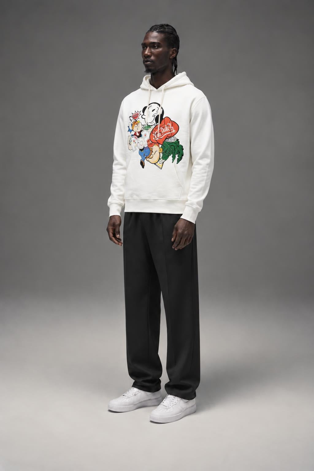 AI model photo - Von Dutch Mens Popeye Character Cotton Fleece Hoodie Off White FM167V