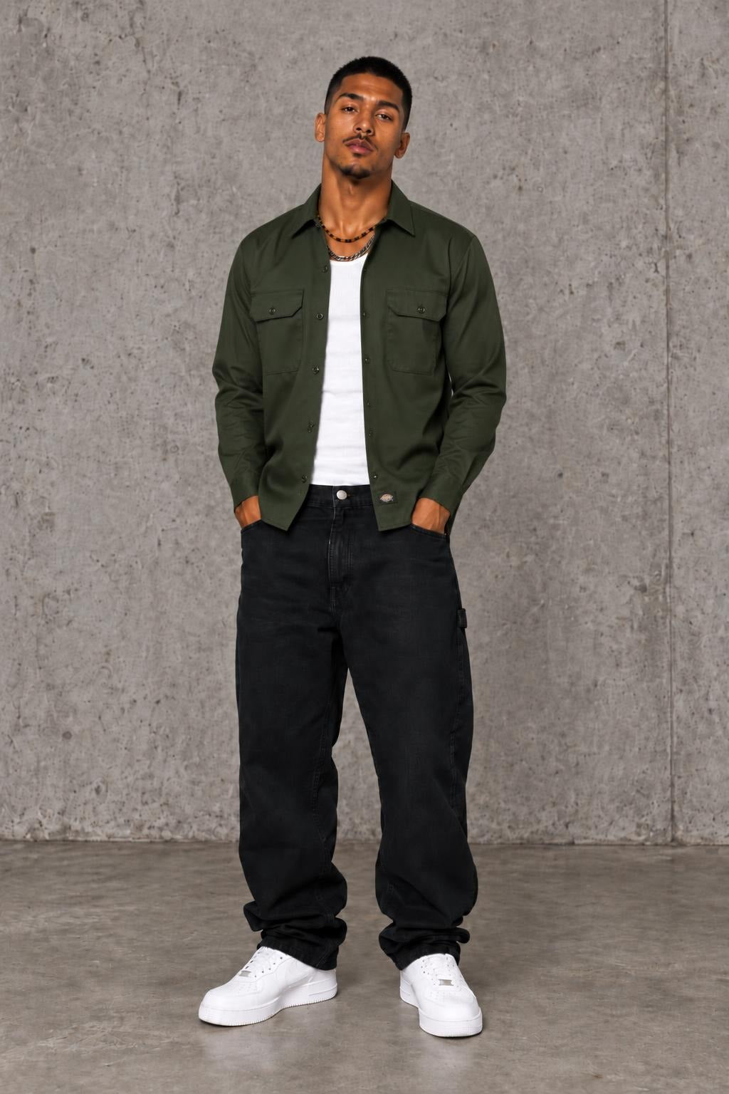 AI model photo - Dickies Men's Long Sleeve Work Shirt Olive Green 574OG