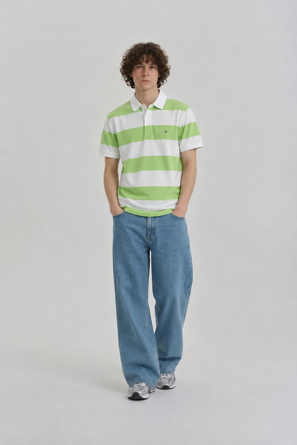 AI model photo - Tommy Hilfiger Men's Rugby Stripe Regular Polo Custom Fit T-Shirt Deep Sea Lime 78J5019 342