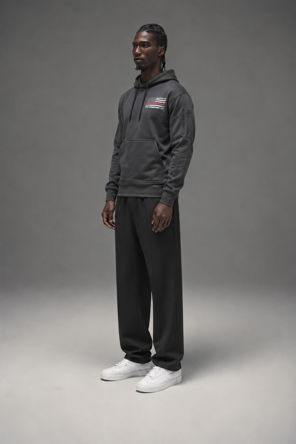 AI model photo - Rothco Thin Red Line Concealed Carry Hoodie Flag/Grey 2331 2332