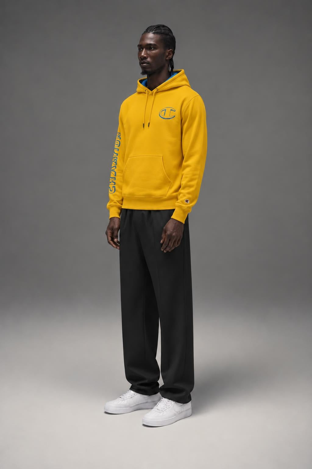 AI model photo - Champion Powerblend Fleece Graphic Hoodie Forsythia/Blue Jay GF89H 586MLA ADIN