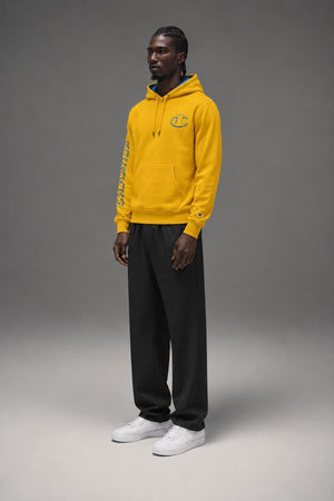 AI model photo - Champion Powerblend Fleece Graphic Hoodie Forsythia/Blue Jay GF89H 586MLA ADIN