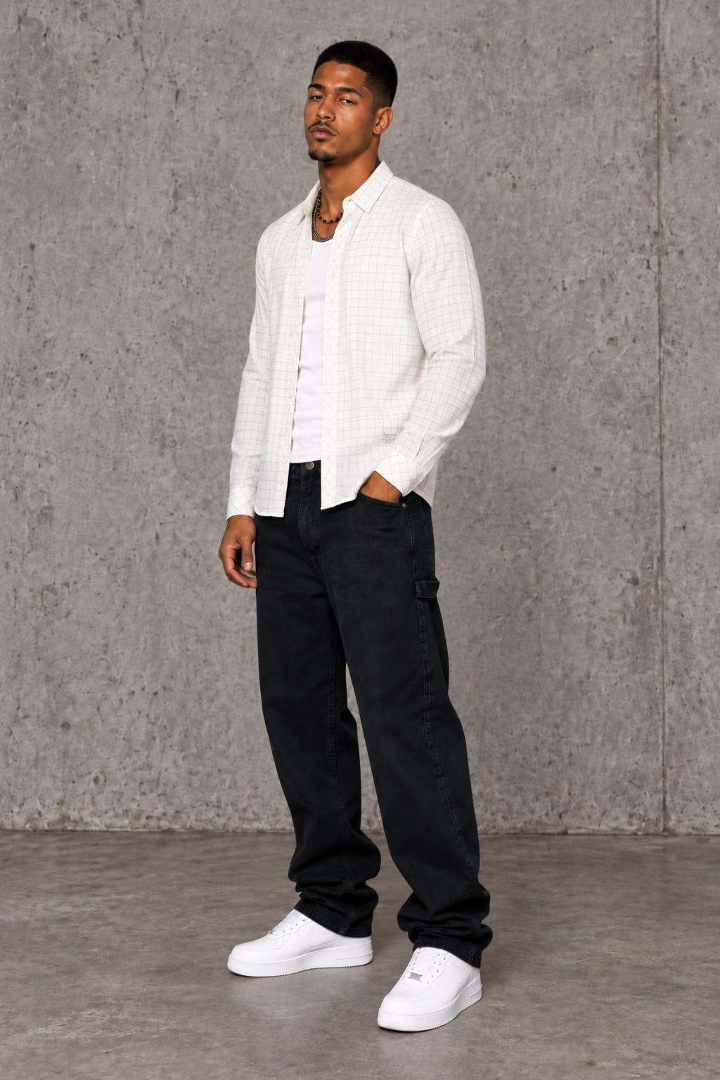 AI model photo - Tom Tailor Men's Melange Checked Shirt Slightly Creamy 203128300