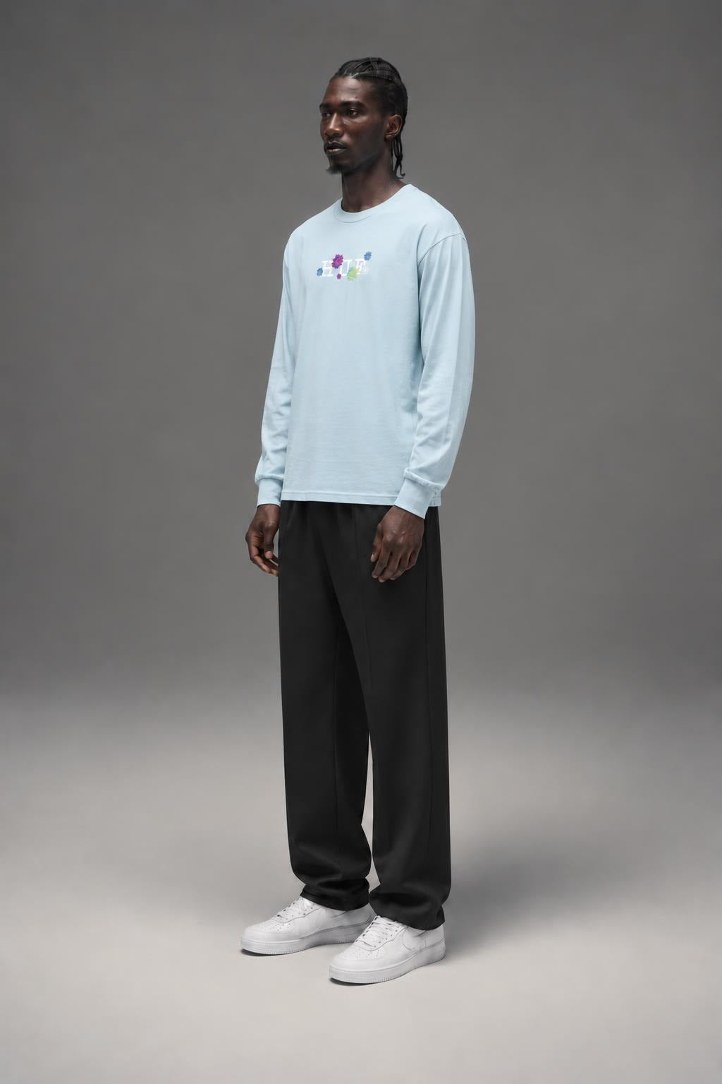 AI model photo - HUF Psycho Daisies Long Sleeve T-Shirt Light Blue TS01158