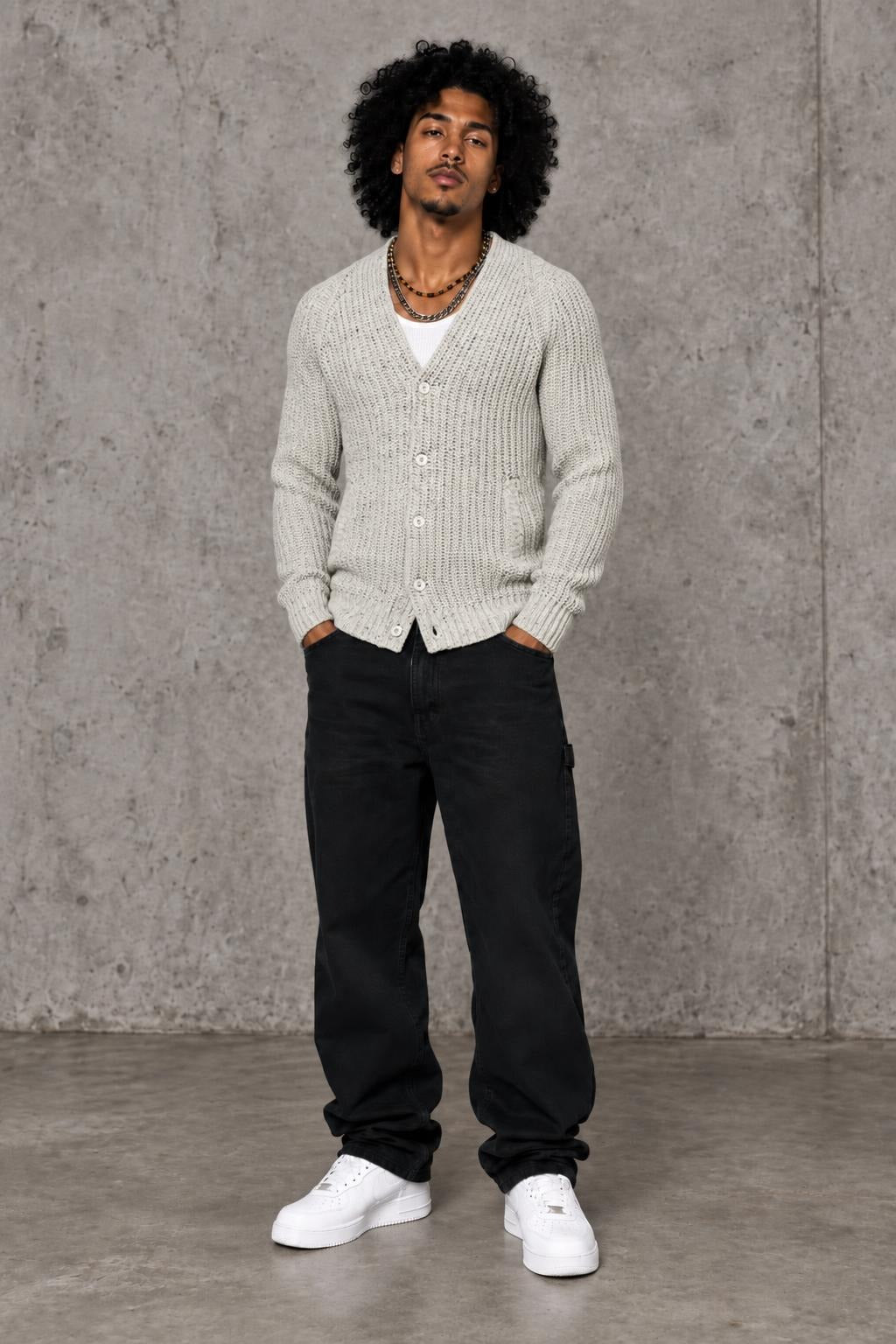 AI model photo - JACHS NEWYORK Ribbed Wool Cardigan Oat Cream J16C-732-OAT