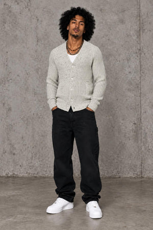 AI model photo - JACHS NEWYORK Ribbed Wool Cardigan Oat Cream J16C-732-OAT