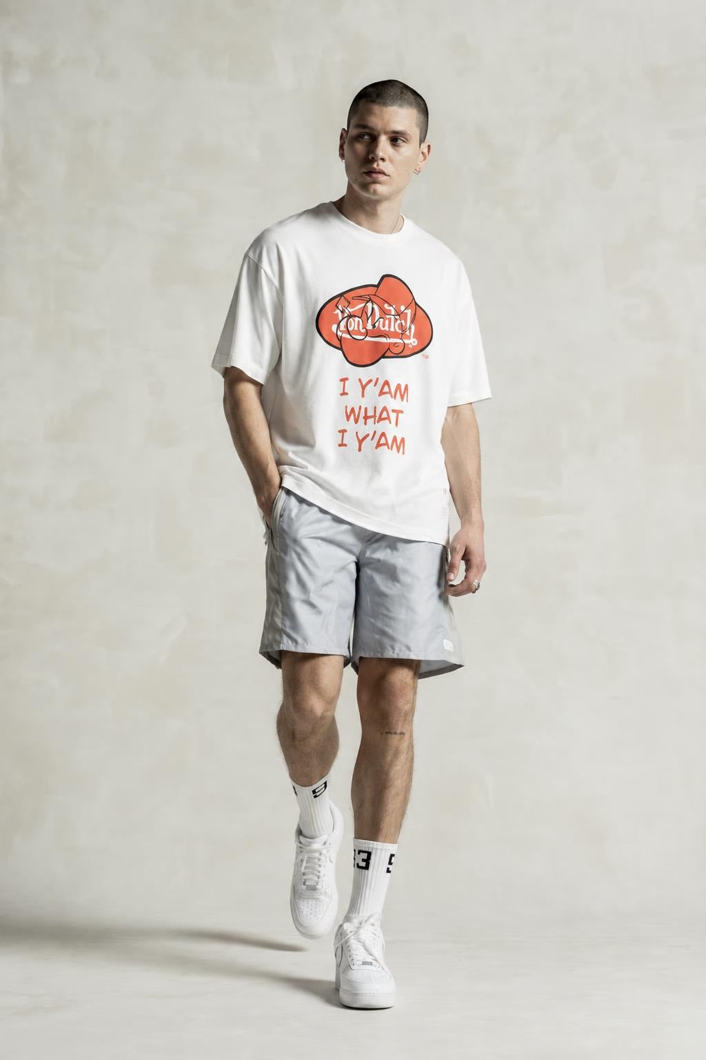 AI model photo - Von Dutch Mens Popeye Red Oval Organic Cotton T-Shirt Off White TM149V