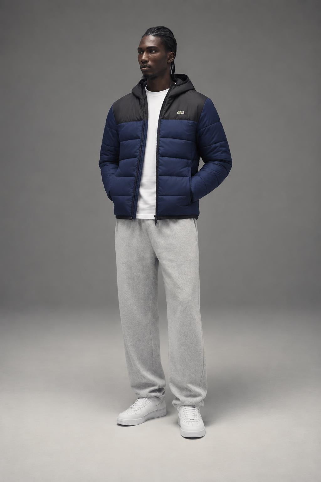 AI model photo - Lacoste Men’s Water-Repellent Quilted Puffer Jacket Navy/Black BH6763-51 JB1