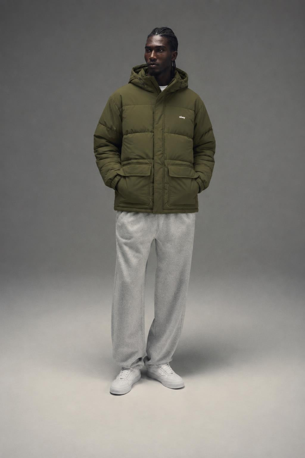 AI model photo - OBEY Brunswick Puffer Kombu Green 121800568 KBG