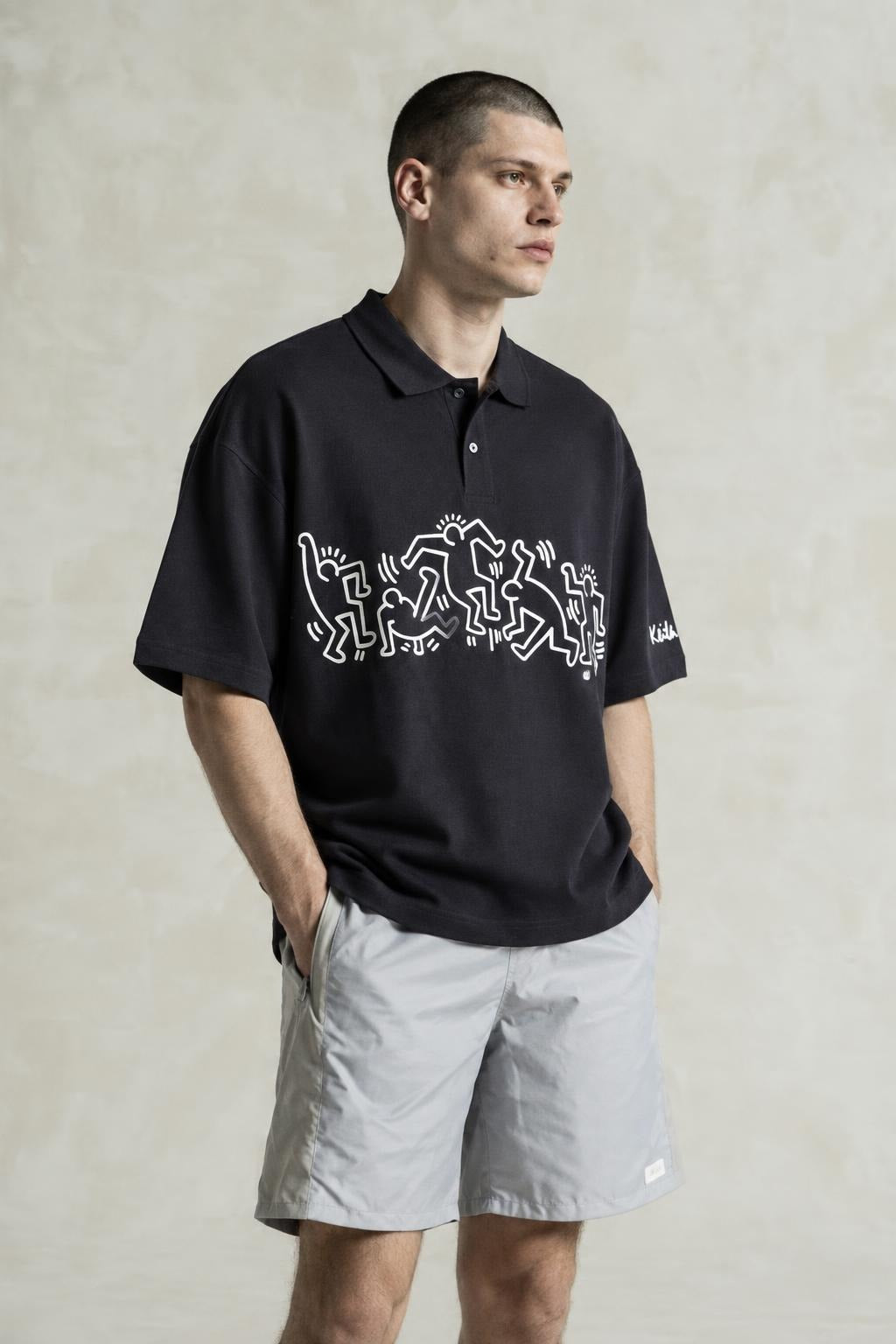 AI model photo - H&M Men's Keith Haring Printed Relaxed Fit Polo T-Shirt Black 1047104 001 H3