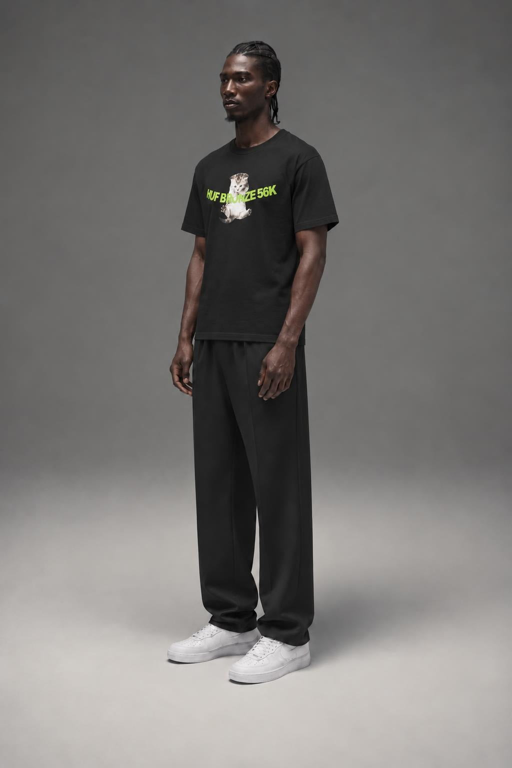 AI model photo - HUF x Bronze 56k Hang In There T-Shirt Black TS02476 BLK