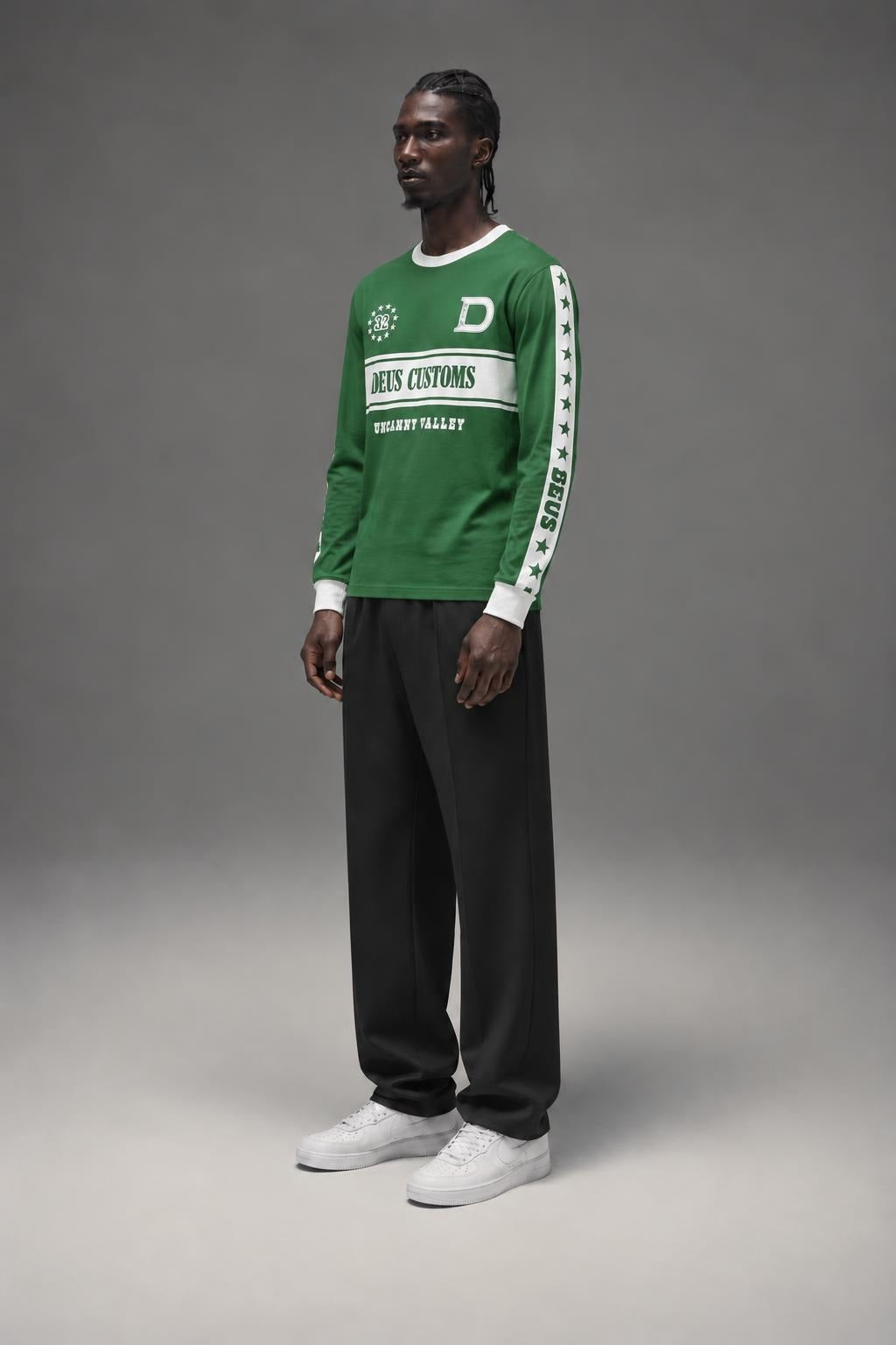 AI model photo - Deus EX Machina Men's Round Up Long Sleeve Tee Hillside Green DMF241547 HLG