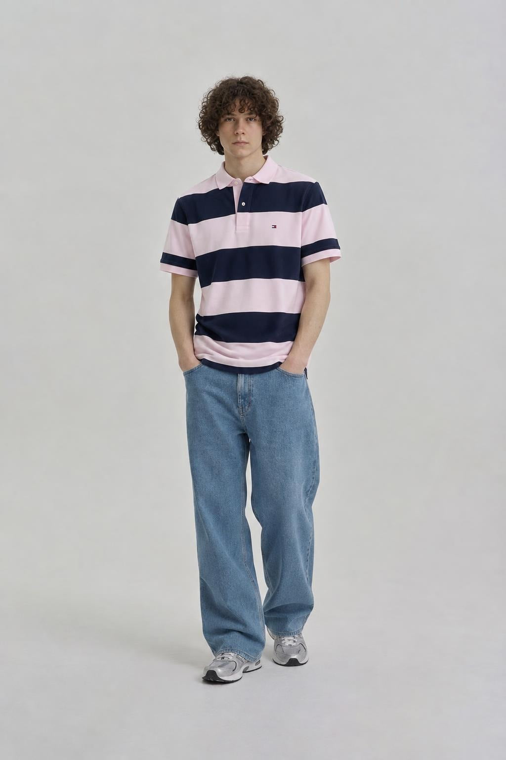 AI model photo - Tommy Hilfiger Men's Rugby Stripe Regular Polo Custom Fit T-Shirt Light Pink 78J5019 650