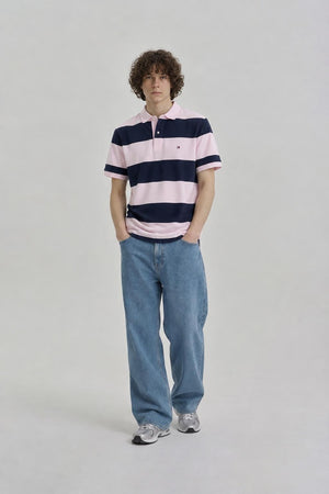 AI model photo - Tommy Hilfiger Men's Rugby Stripe Regular Polo Custom Fit T-Shirt Light Pink 78J5019 650