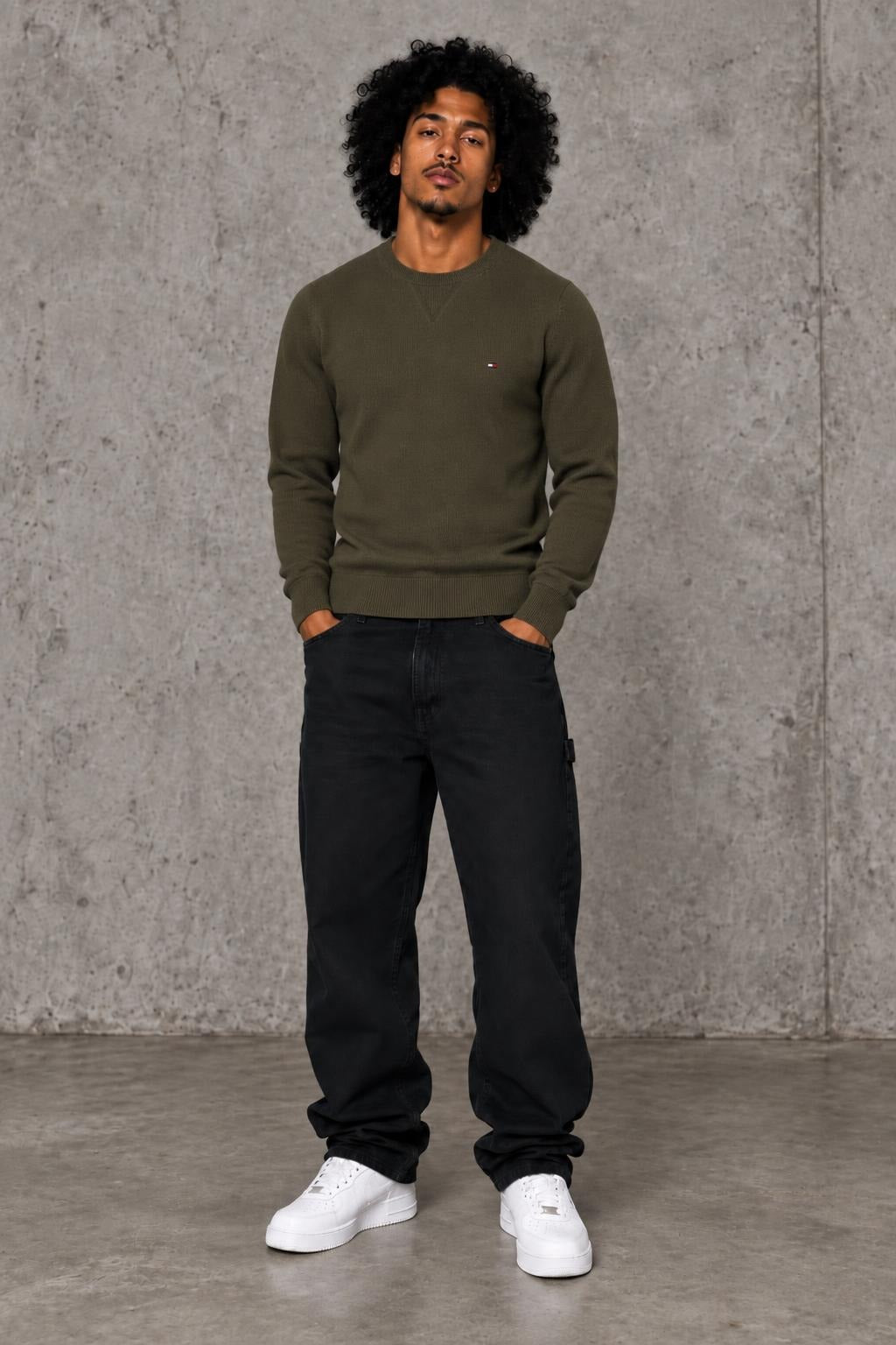 AI model photo - Tommy Hilfiger Men's Signature Solid Crew Neck Sweater Army Green 78J0478 701