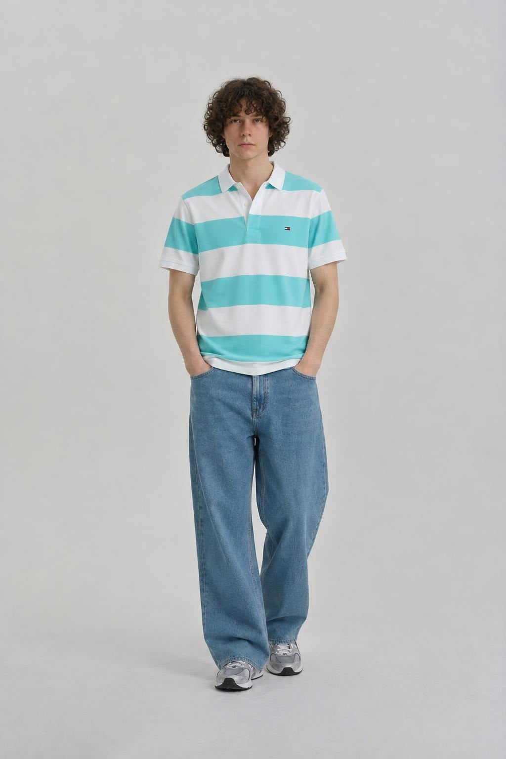 AI model photo - Tommy Hilfiger Men's Rugby Stripe Regular Polo Custom Fit T-Shirt Caribbean Blue 78J5019 331