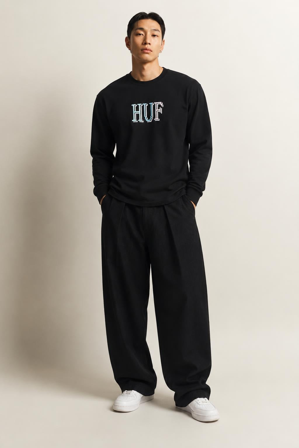 AI model photo - HUF Mens 8-Bit L/S Tee Black TS01490