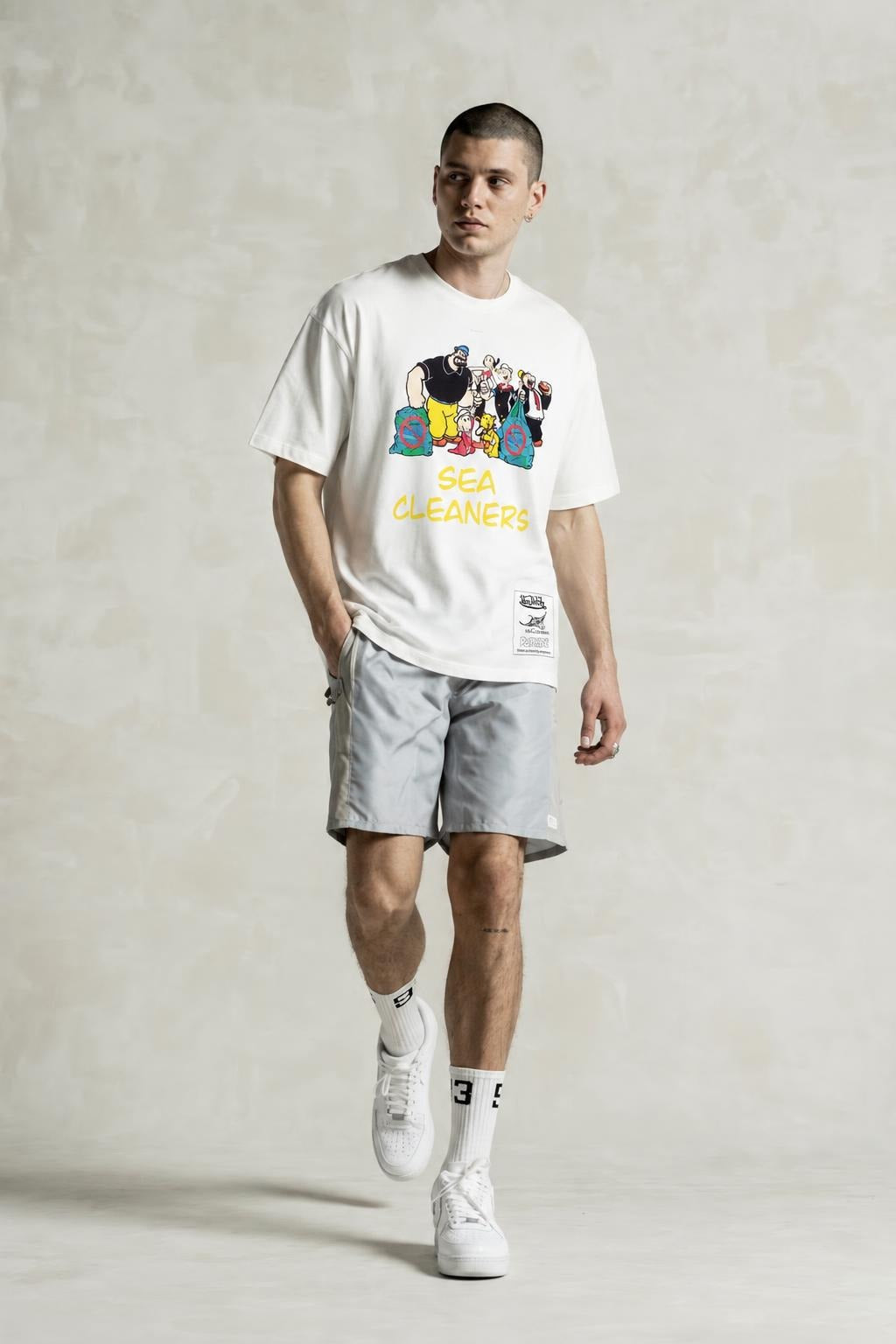 AI model photo - Von Dutch Mens Popeye Sea Cleaners Organic Cotton T-Shirt Off White TM143V