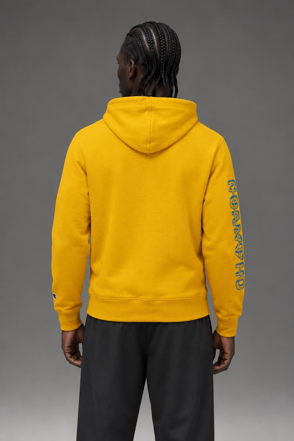 AI model photo - Champion Powerblend Fleece Graphic Hoodie Forsythia/Blue Jay GF89H 586MLA ADIN