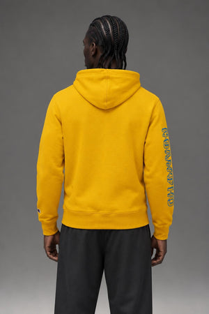 AI model photo - Champion Powerblend Fleece Graphic Hoodie Forsythia/Blue Jay GF89H 586MLA ADIN