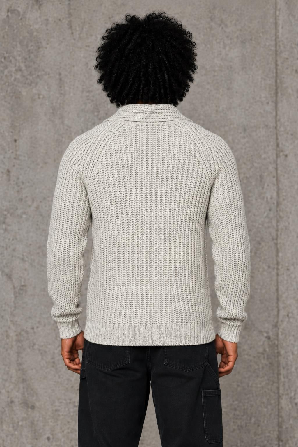 AI model photo - JACHS NEWYORK Ribbed Wool Cardigan Oat Cream J16C-732-OAT