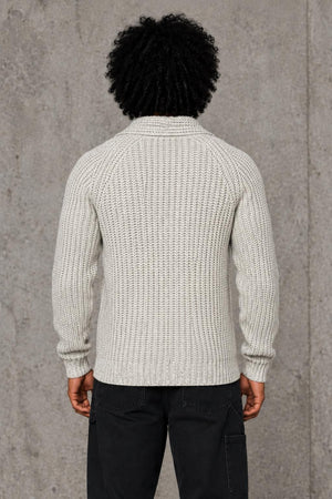 AI model photo - JACHS NEWYORK Ribbed Wool Cardigan Oat Cream J16C-732-OAT