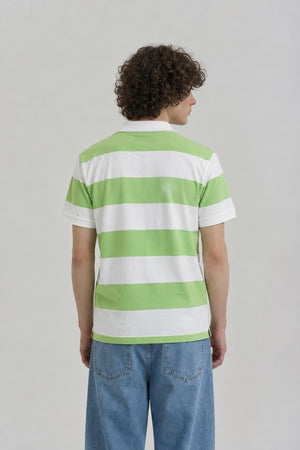 AI model photo - Tommy Hilfiger Men's Rugby Stripe Regular Polo Custom Fit T-Shirt Deep Sea Lime 78J5019 342