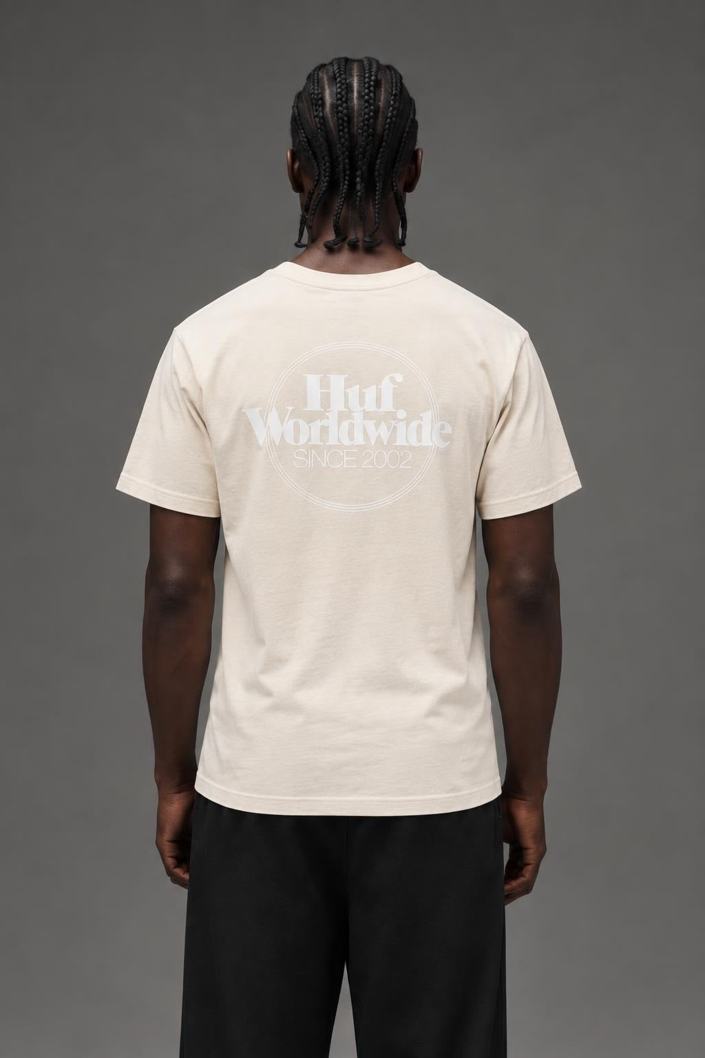 AI model photo - HUF Issues Logo Puff Short Sleeve Tee Unbleached TS01161