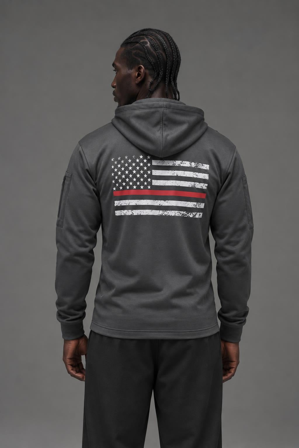 AI model photo - Rothco Thin Red Line Concealed Carry Hoodie Flag/Grey 2331 2332