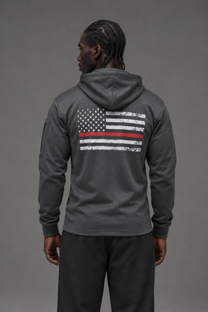 AI model photo - Rothco Thin Red Line Concealed Carry Hoodie Flag/Grey 2331 2332
