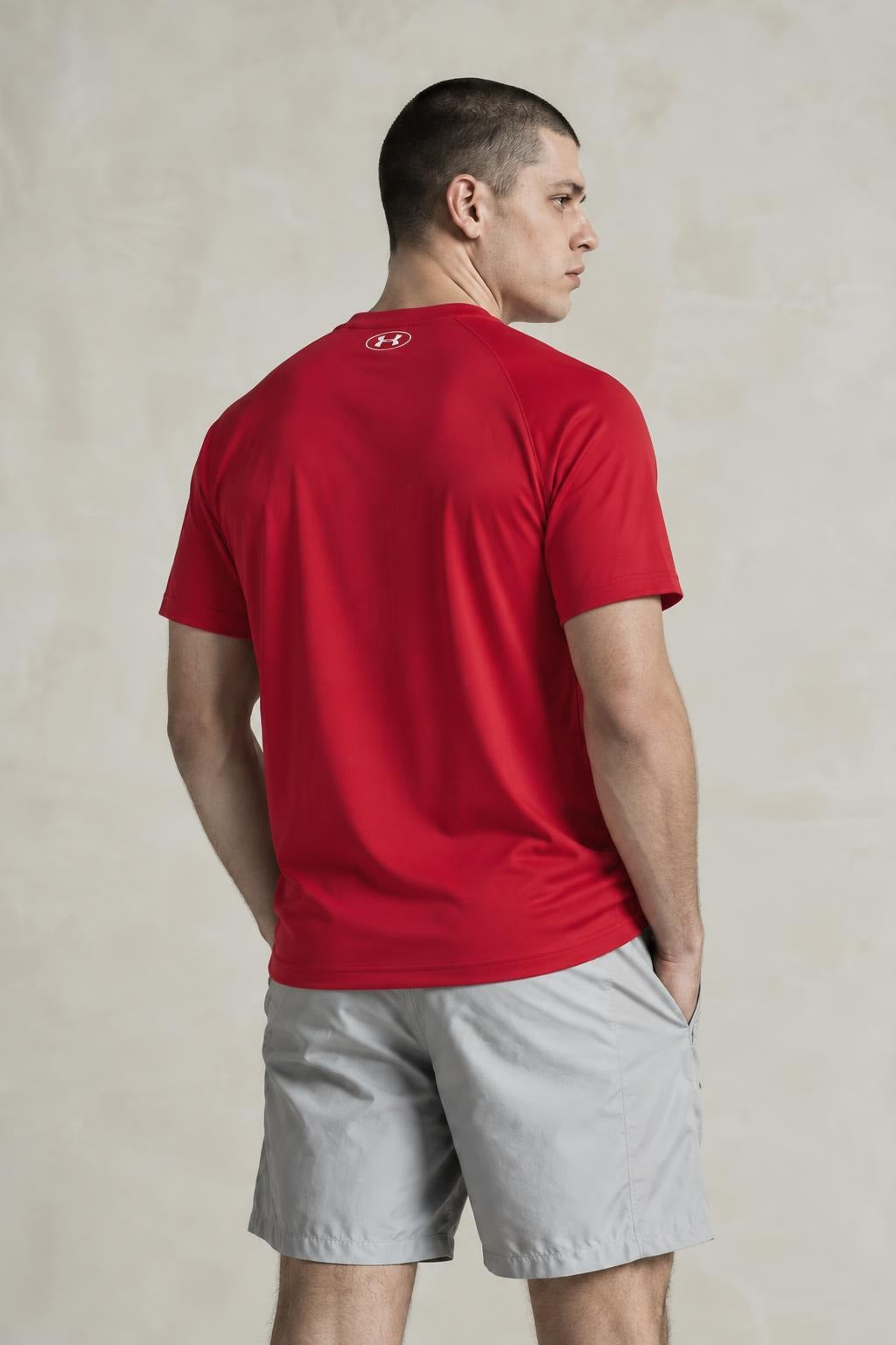 AI model photo - Under Armour Mens Tech Short Sleeve T-Shirt Red/White 1228539-600