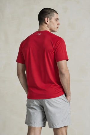 AI model photo - Under Armour Mens Tech Short Sleeve T-Shirt Red/White 1228539-600