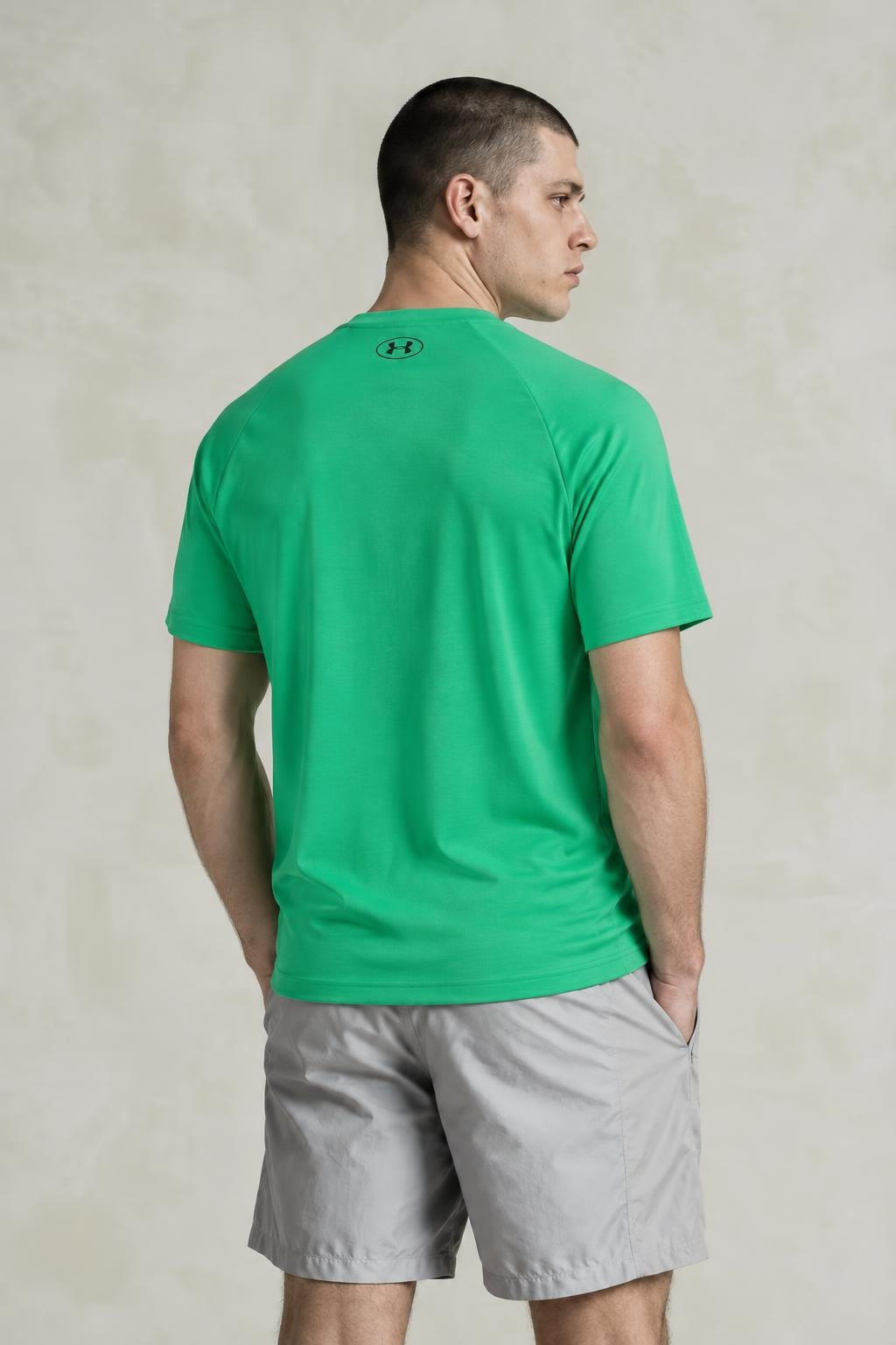 AI model photo - Under Armour Mens Tech Short Sleeve T-Shirt Vapor Green/Stealth Gray 1228539-299