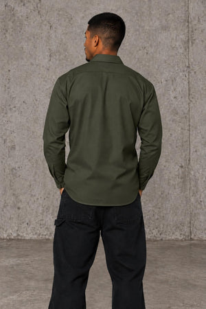 AI model photo - Dickies Men's Long Sleeve Work Shirt Olive Green 574OG