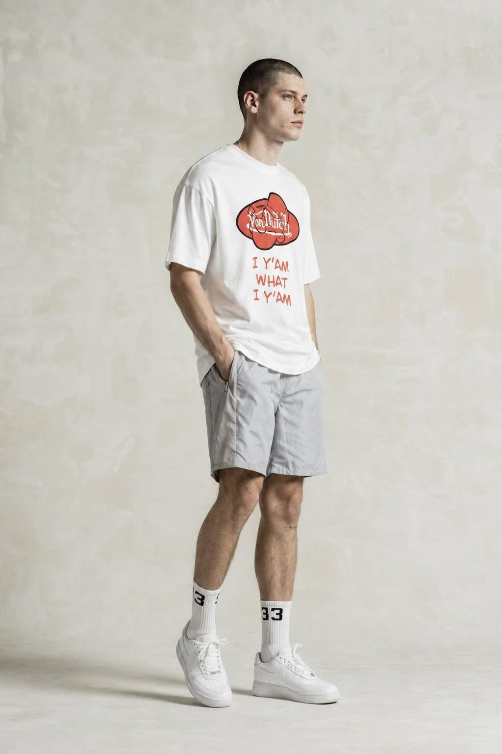 AI model photo - Von Dutch Mens Popeye Red Oval Organic Cotton T-Shirt Off White TM149V