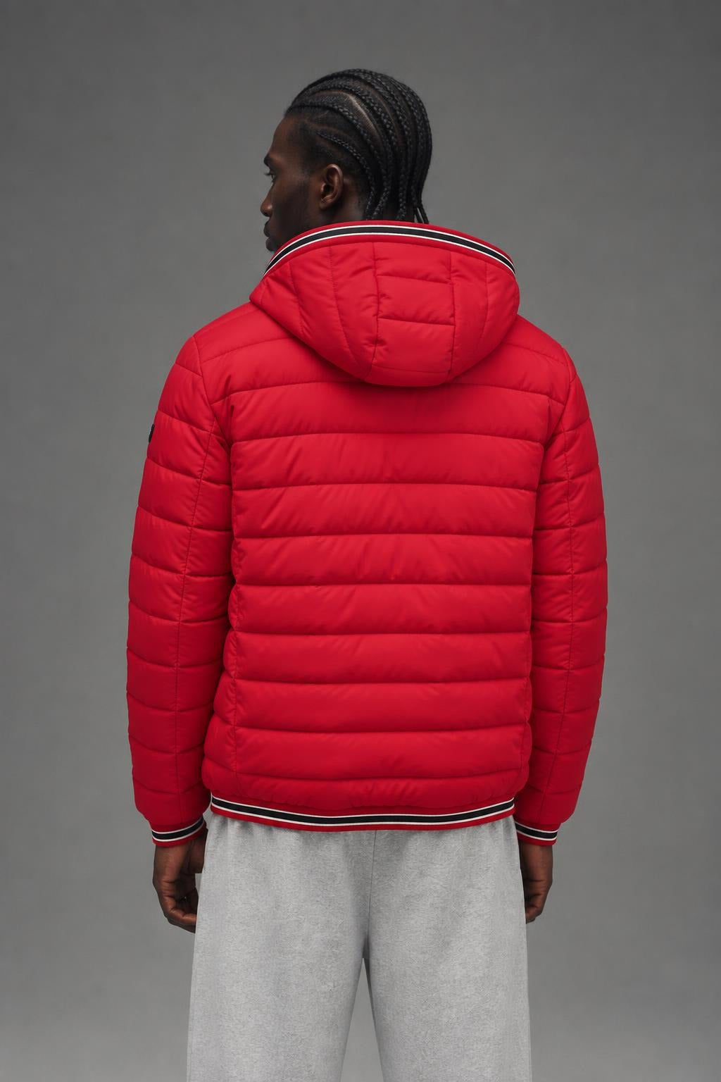 AI model photo - Calvin Klein Men's Super Shine Fleece Lined Puffer Jacket Deep Red CM155956 DRE C4