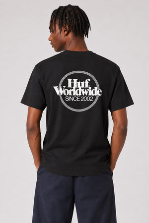 AI model photo - HUF Issues Logo Puff Short Sleeve Tee Black TS01161