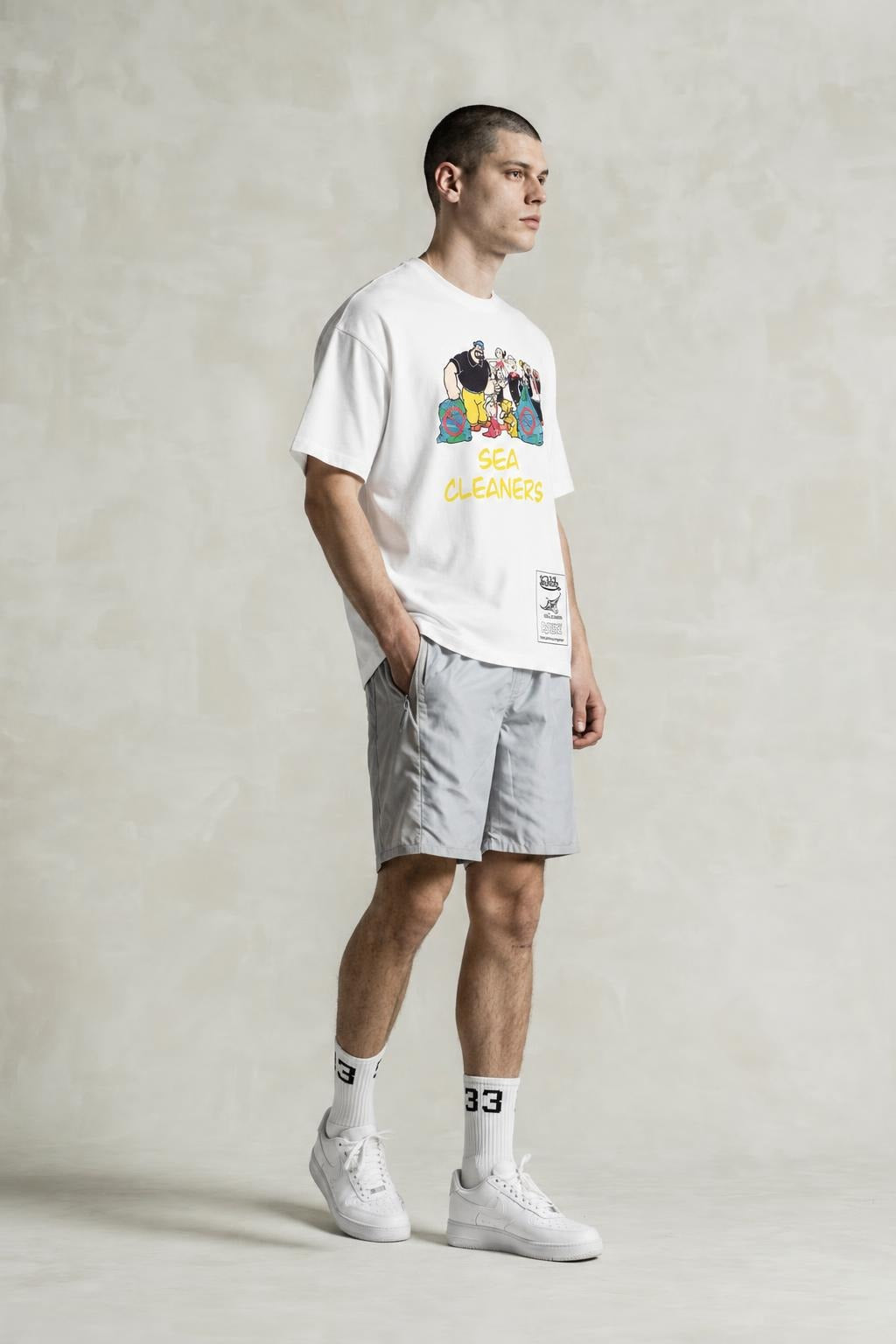 AI model photo - Von Dutch Mens Popeye Sea Cleaners Organic Cotton T-Shirt Off White TM143V
