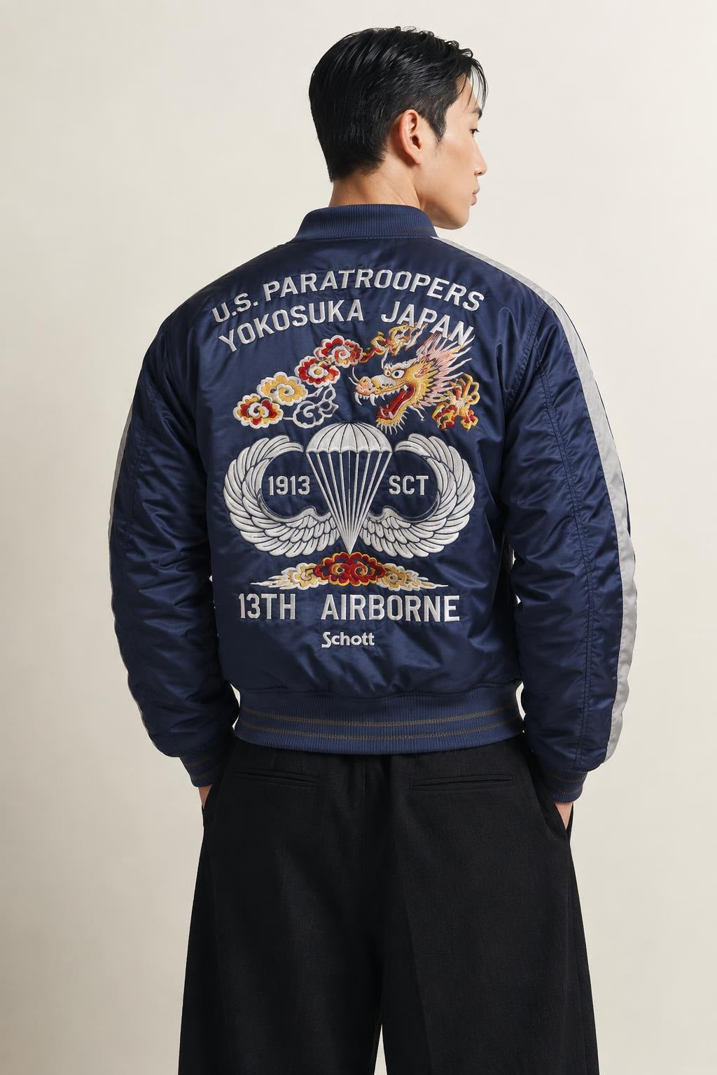 AI model photo - Schott NYC Men's Nylon Tour Jacket Navy 9630