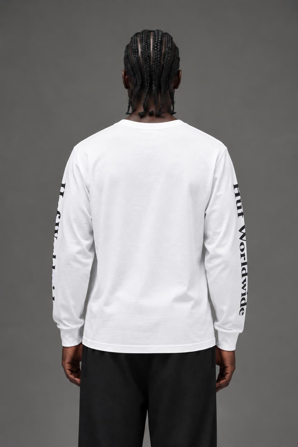 AI model photo - HUF Essentials Domestic L/S Tee White TS00146