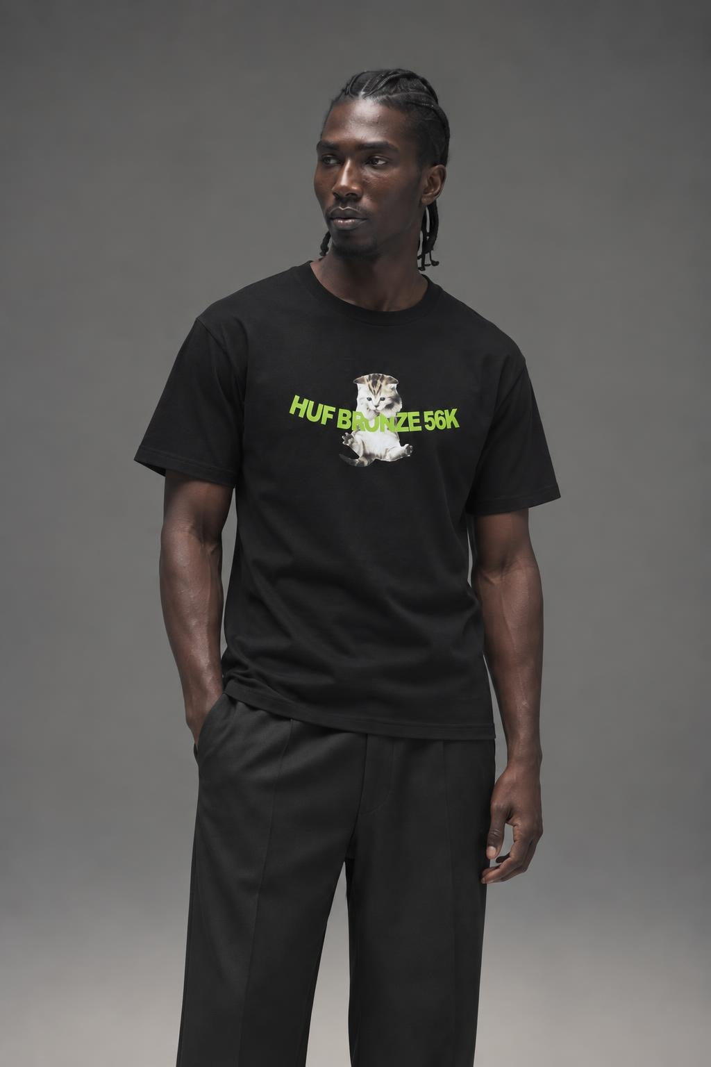 AI model photo - HUF x Bronze 56k Hang In There T-Shirt Black TS02476 BLK