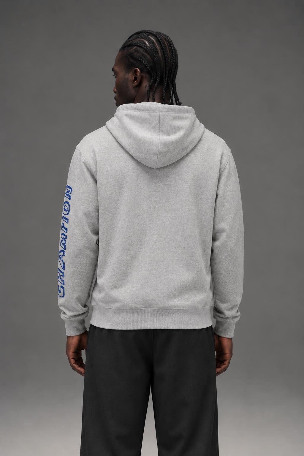AI model photo - Champion Powerblend Fleece Graphic Hoodie Oxford Grey/Valiant Blue GF89H 586MLA AW4M