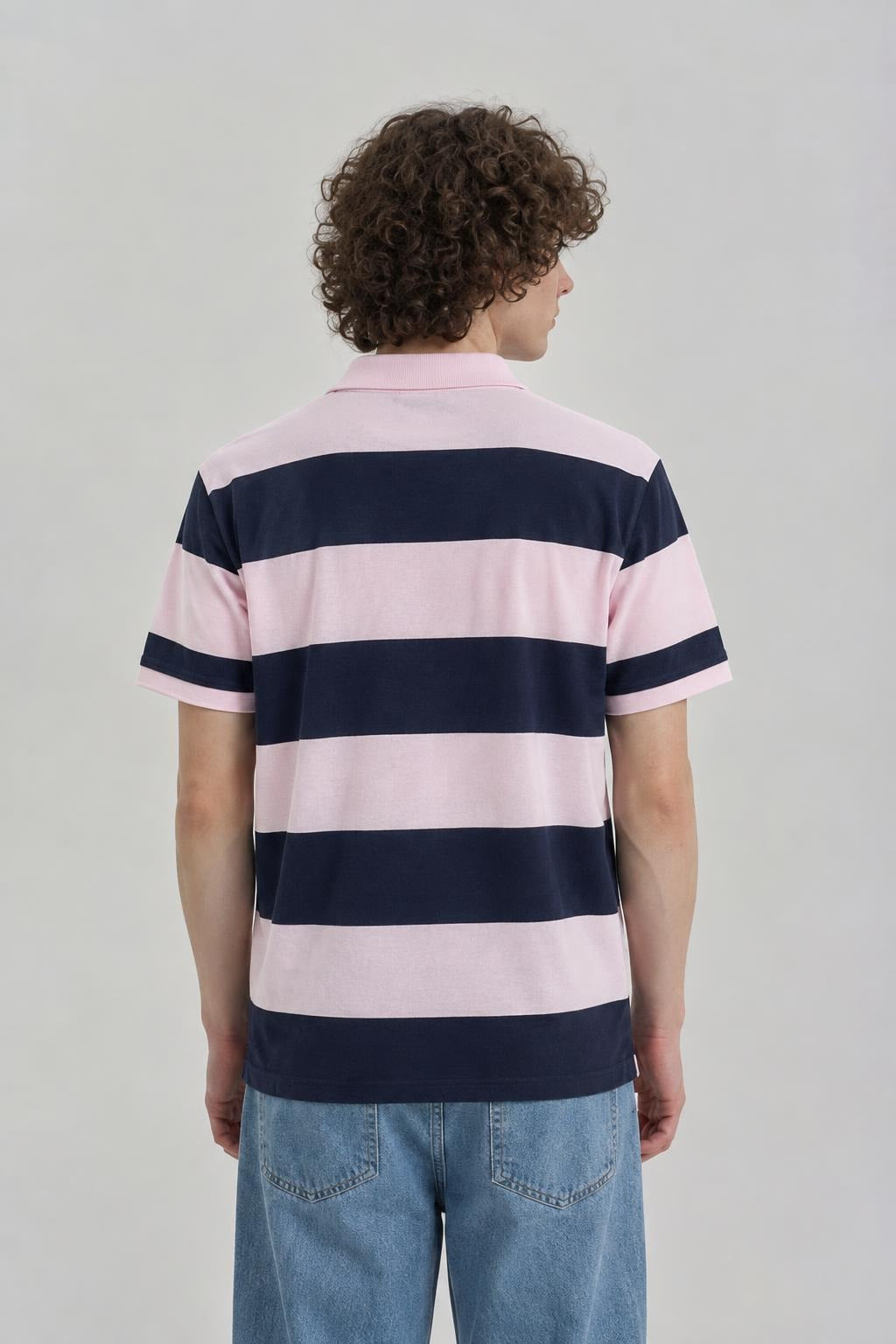 AI model photo - Tommy Hilfiger Men's Rugby Stripe Regular Polo Custom Fit T-Shirt Light Pink 78J5019 650