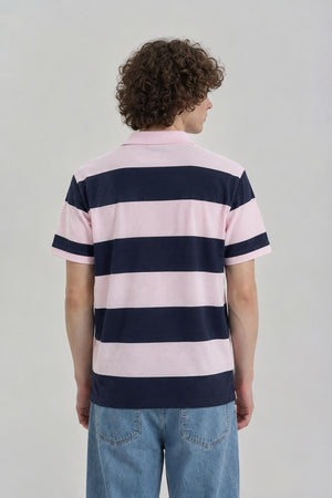 AI model photo - Tommy Hilfiger Men's Rugby Stripe Regular Polo Custom Fit T-Shirt Light Pink 78J5019 650