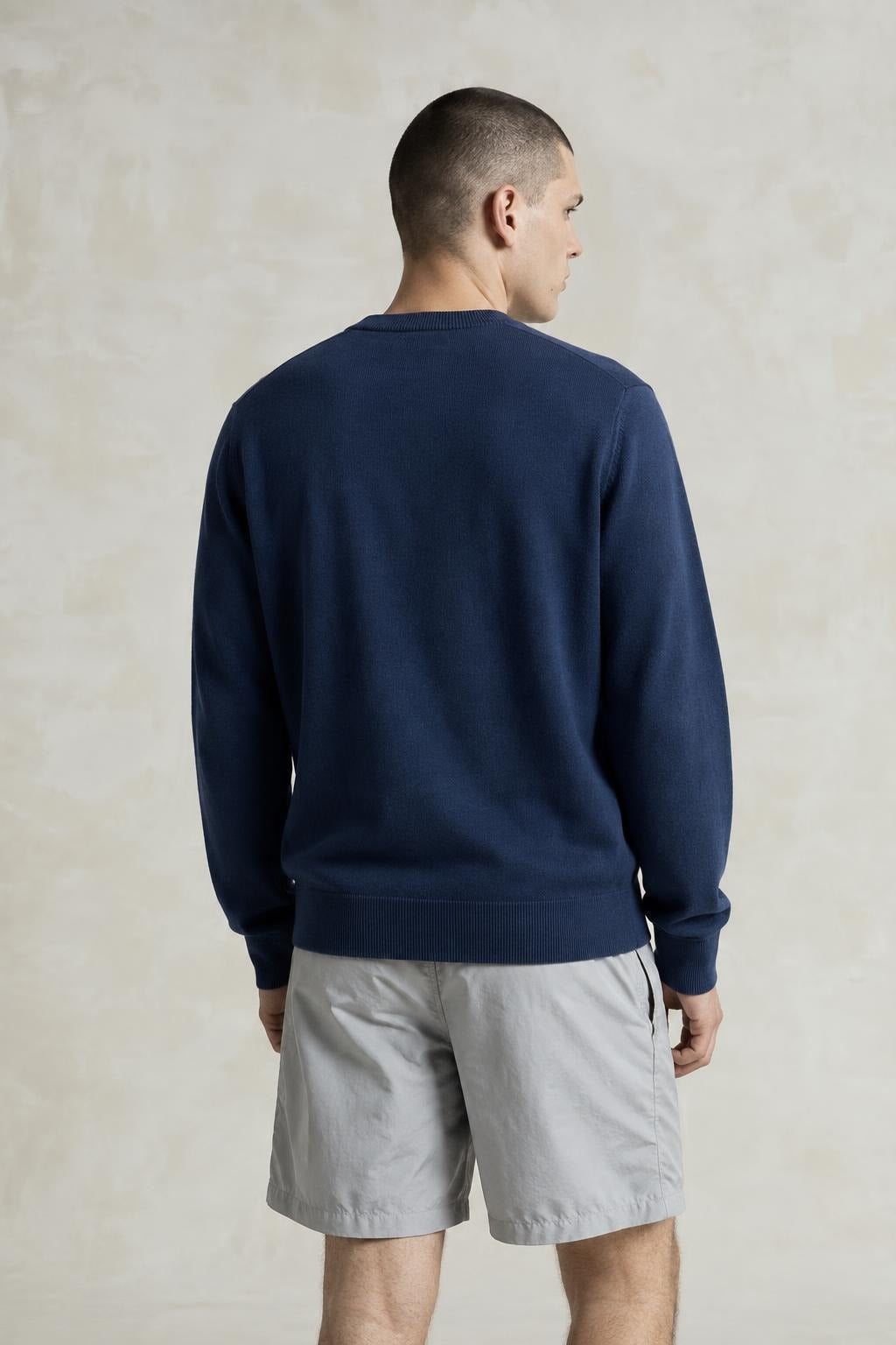 AI model photo - Calvin Klein Men's Supima Cotton Round Neck Mini CK Logo Knit Sweater Navy 40CP300 501 C2