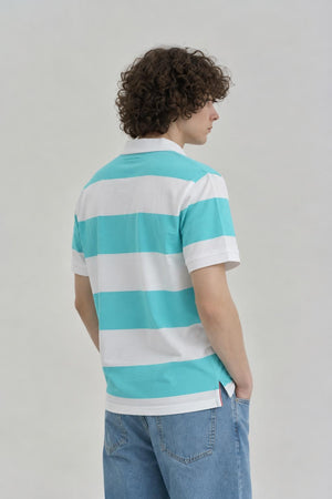 AI model photo - Tommy Hilfiger Men's Rugby Stripe Regular Polo Custom Fit T-Shirt Caribbean Blue 78J5019 331