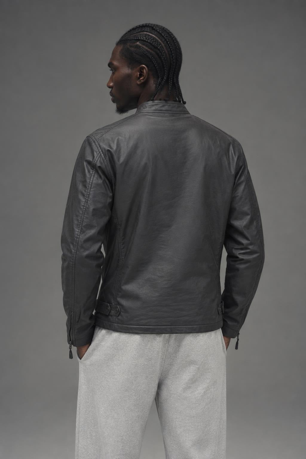 AI model photo - Schott NYC Cafe Racer Waxed Motorcycle Jacket Black Cotton 91414