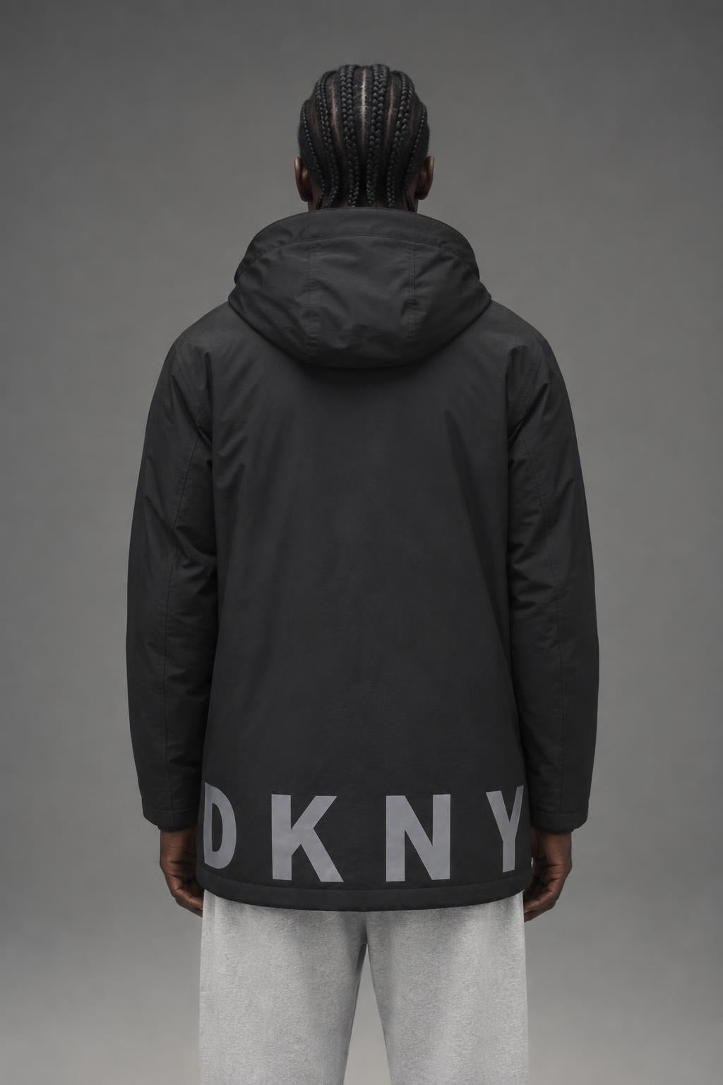 AI model photo - DKNY Men's Full Length Hooded Parka Black DX8OP195 K2