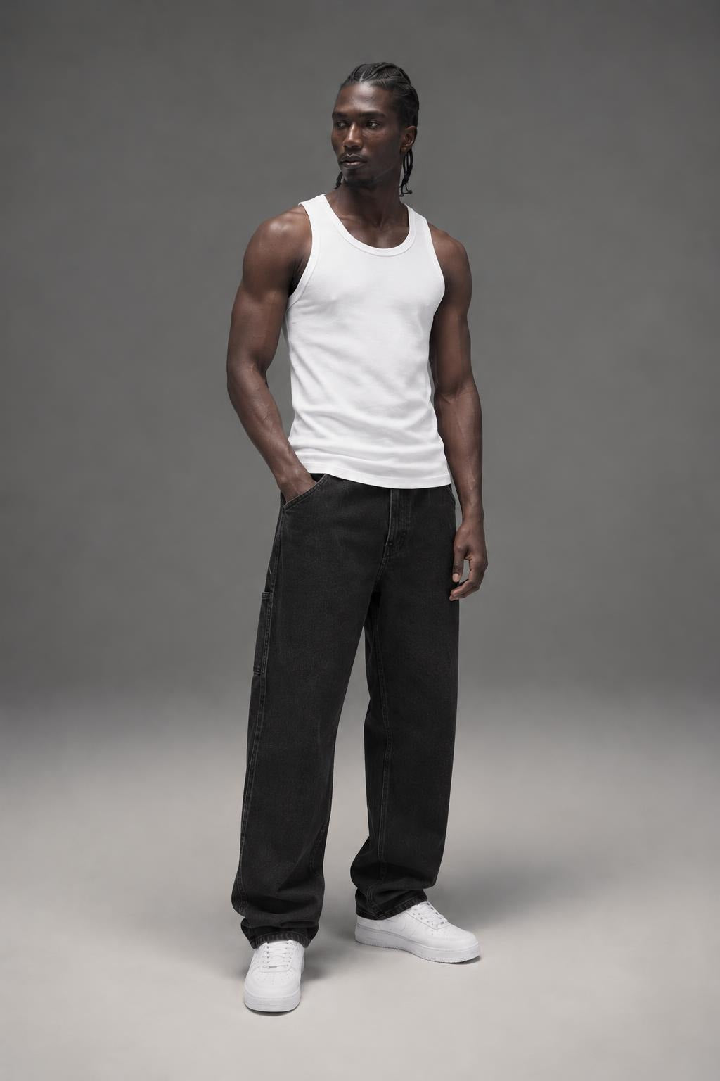 AI model photo - OBEY Men's Organic Hardwork Carpenter Denim Denim Faded Black 142010078 FBL